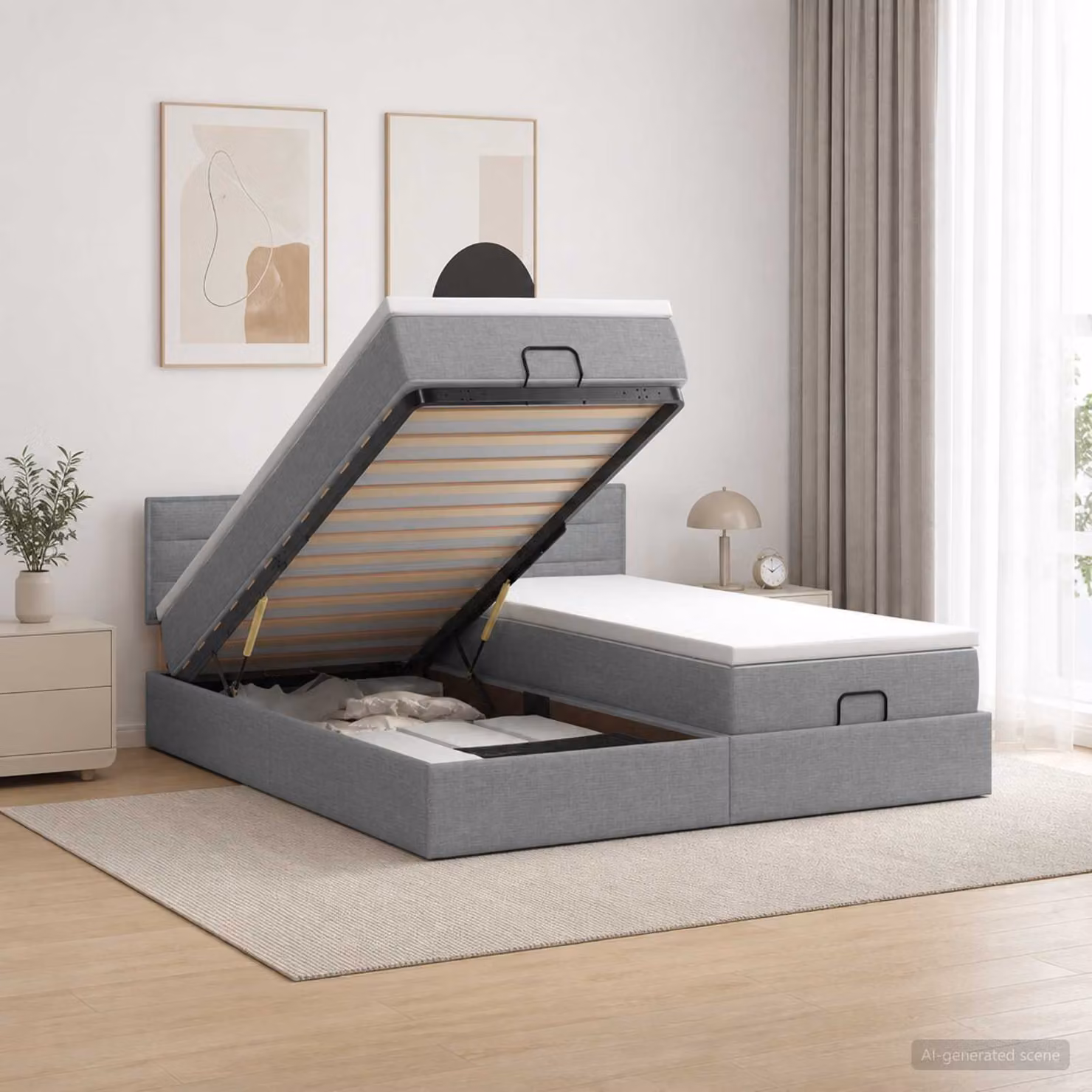 Letto ottomano con materasso vidaXL in tessuto grigio e bianco, L/P/H: 200 x 200 x 88 cm