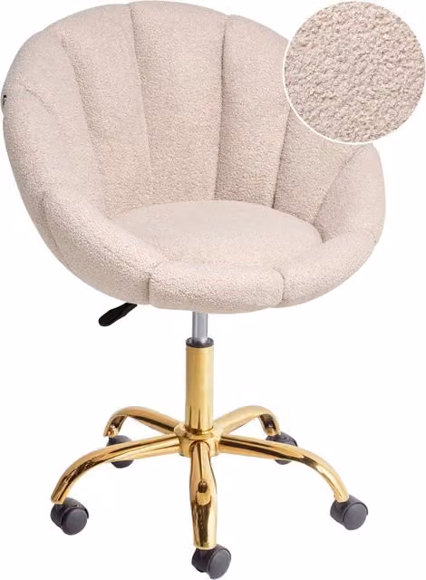 Sedia da ufficio girevole in tessuto bouclé beige con design moderno per home office, regolabile in altezza con ruote, L: 59 cm, P: 66 cm, H: 130 cm