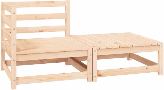 Set Salotto da Giardino con Divano a 2 Posti e Ottoman in Legno Massello di Pino con Cuscini Beige o Grigio