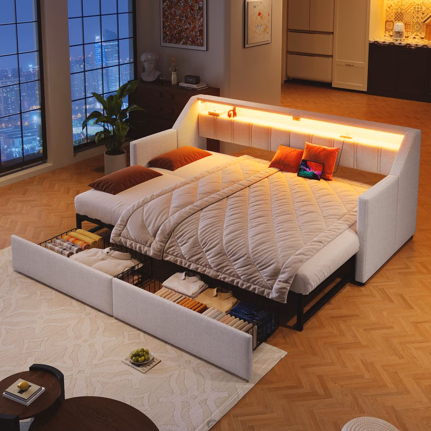 MODFU divano letto 90x200 con letto estraibile e materasso, con 2 cassetti e 2 tasche portaoggetti, daybed con LED e USB+Type-C, beige
