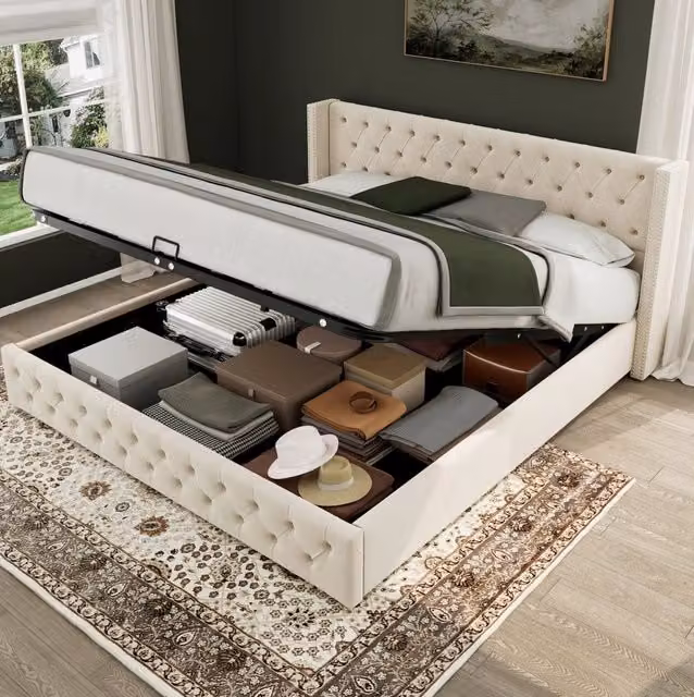Letto imbottito 140x200 cm con contenitore idraulico in velluto beige