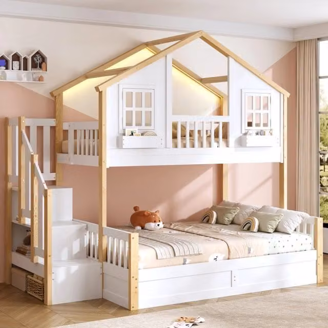 Letto a castello 90x200 e 140x200 con LED; scala contenitore; bianco