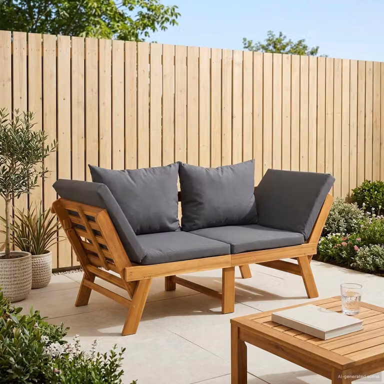 Panchina da giardino 3 in 1 vidaXL in legno di acacia e metallo con cuscini grigi e braccioli, stile rustico, L: 162 cm, P: 72 cm, H: 65 cm