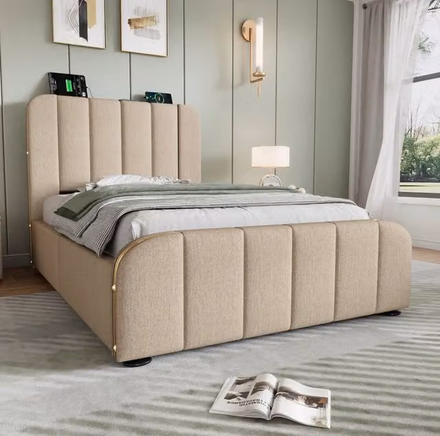 Letto contenitore singolo ULEVR 90x200 cm con materasso H3, USB e Type-C, rivestimento in lino beige