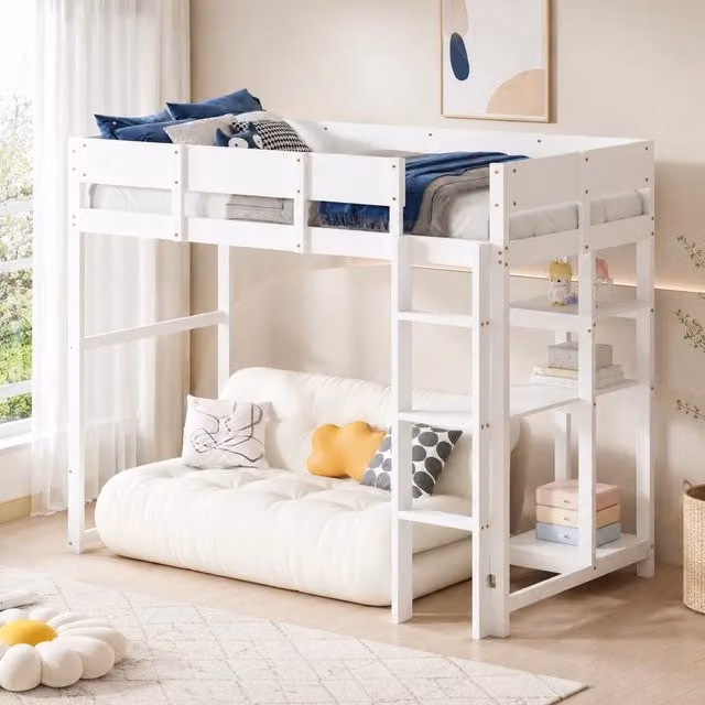 Letto a soppalco con ripiano 90 x 200 cm in legno massiccio di pino; bianco