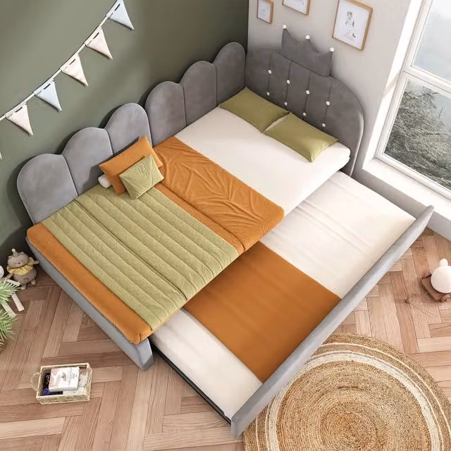 Letto Singolo Estraibile a Forma di L con Testiera Velluto ¨C Xylo ¨C Grigio 90x200 cm