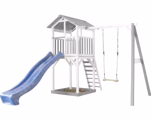 AXI Beach Tower Parco giochi in legno in grigio e bianco | Torre di gioco per bambini con sabbiera, altalena e scivolo blu | Casa per bambini su palafitte per il giardino