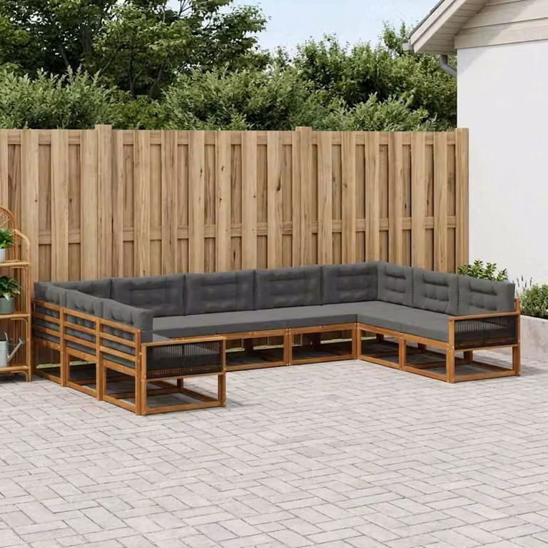 vidaXL Set di divani da esterno a L in legno di acacia con cuscini, 9 pezzi, Beige e Antracite
