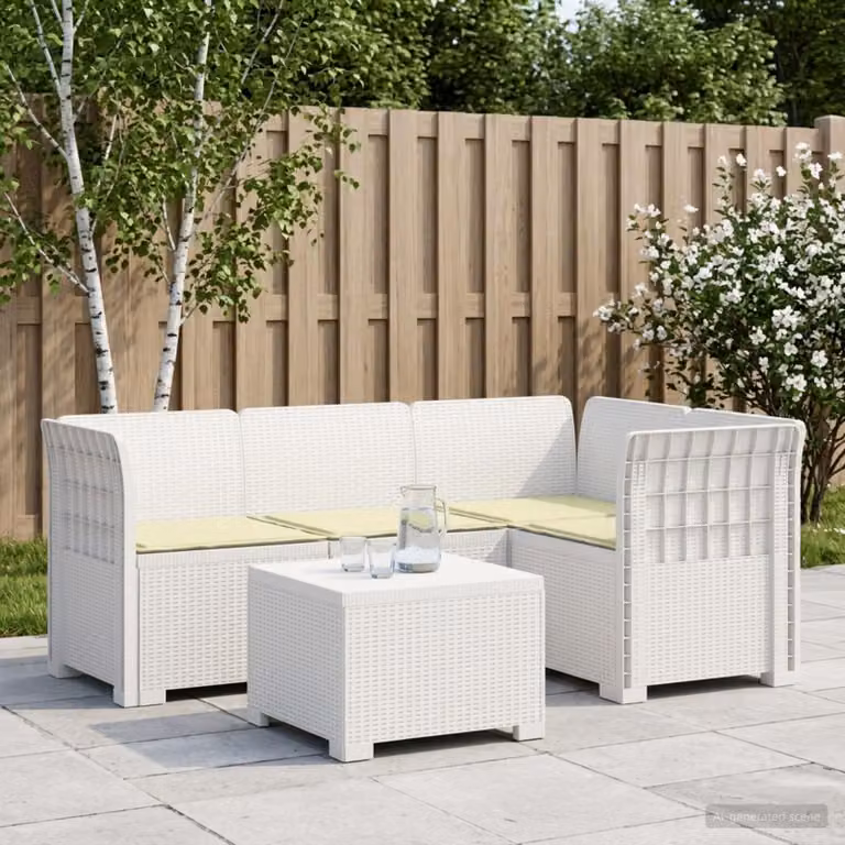 Set da giardino vidaXL a forma di L con divano da 4 posti, tavolino e cuscini in polyrattan, colore bianco e beige