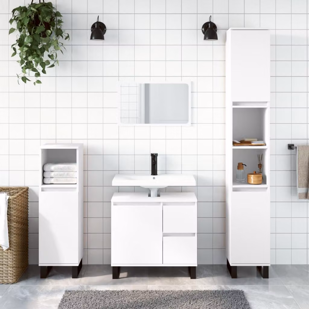 Set di mobili da bagno moderno vidaXL composto da 3 pezzi in legno e metallo bianco opaco H 190 x L 65 x P 33 cm