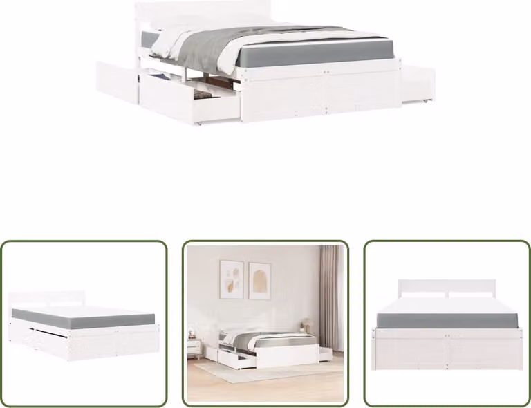 The Living Store Letto con cassetti e materasso bianco 120x200 cm in legno massiccio