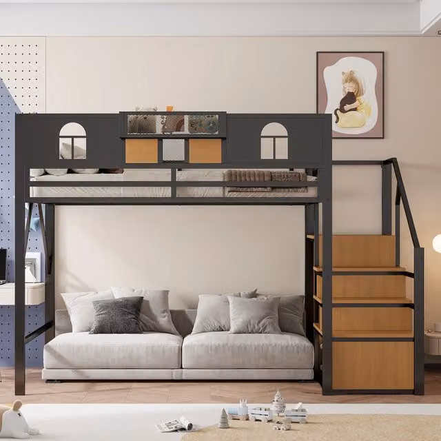 Letto a soppalco moderno per ragazzi con scala contenitore e scomparti laterali in metallo e MDF, L: 140 cm, P: 200 cm, colore nero