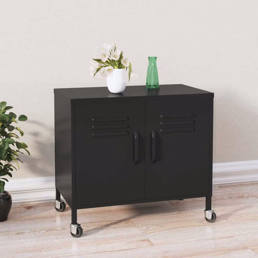 Armadietto vidaXL in metallo nero con ante a battente e ripiani interni L: 60 cm, P: 35 cm, H: 56 cm