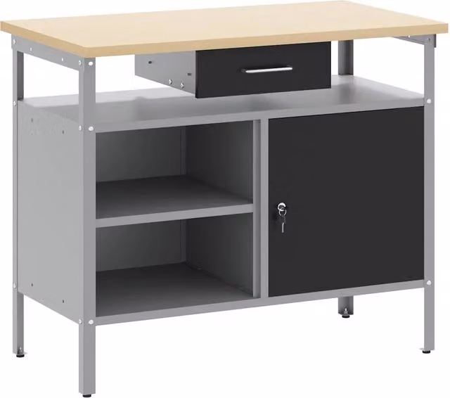 Banco da lavoro con cassetto in acciaio e legno Nero e Grigio L 100 cm x P 55 cm x H 85 cm CFW9049318