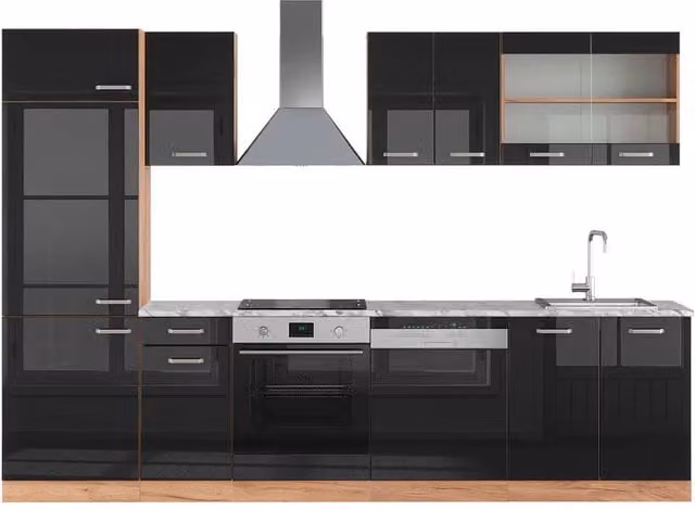Cucina componibile moderna Vicco R-Line con piano in marmo, larghezza: 300 cm, finitura nero lucido e rovere dorato – 1