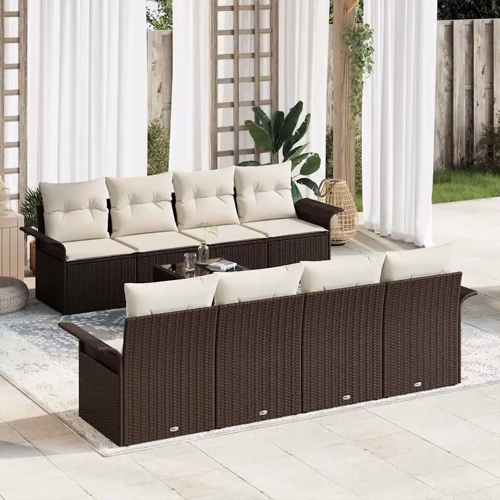 Set Divano da Giardino vidaXL 9 Pezzi Marrone con Cuscini e Tavolino in Polyrattan e Metallo – 1