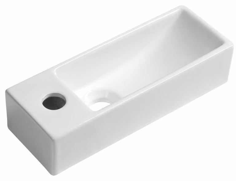 Lavabo da bagno in Vetroceramica AQUA MINI, dimensioni 38x14 cm, foro per il miscelatore a sinistra, colore bianco