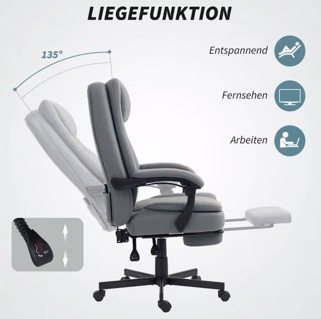 Sedia da ufficio ergonomica grigia con funzione massaggio, schienale reclinabile e poggiapiedi, altezza regolabile
