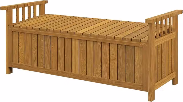 Panca da giardino 2 posti in legno con contenitore 151L baule da esterno con braccioli marrone robusto 128,5 x 56 x 53,5 cm