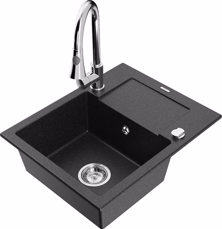 Mexen Enzo lavello in granito a 1 vasca con sgocciolatoio e rubinetto da cucina Elia, nero/argento metallizzato