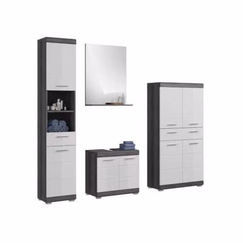 Scott - Set da bagno – Mobile sottolavello, specchio, mobile portaoggetti e colonna – grigio scuro e bianco