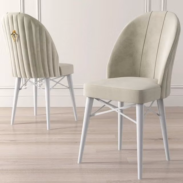 Set di 6 sedie da cucina DMORA in tessuto bianco e beige con struttura in metallo, design moderno