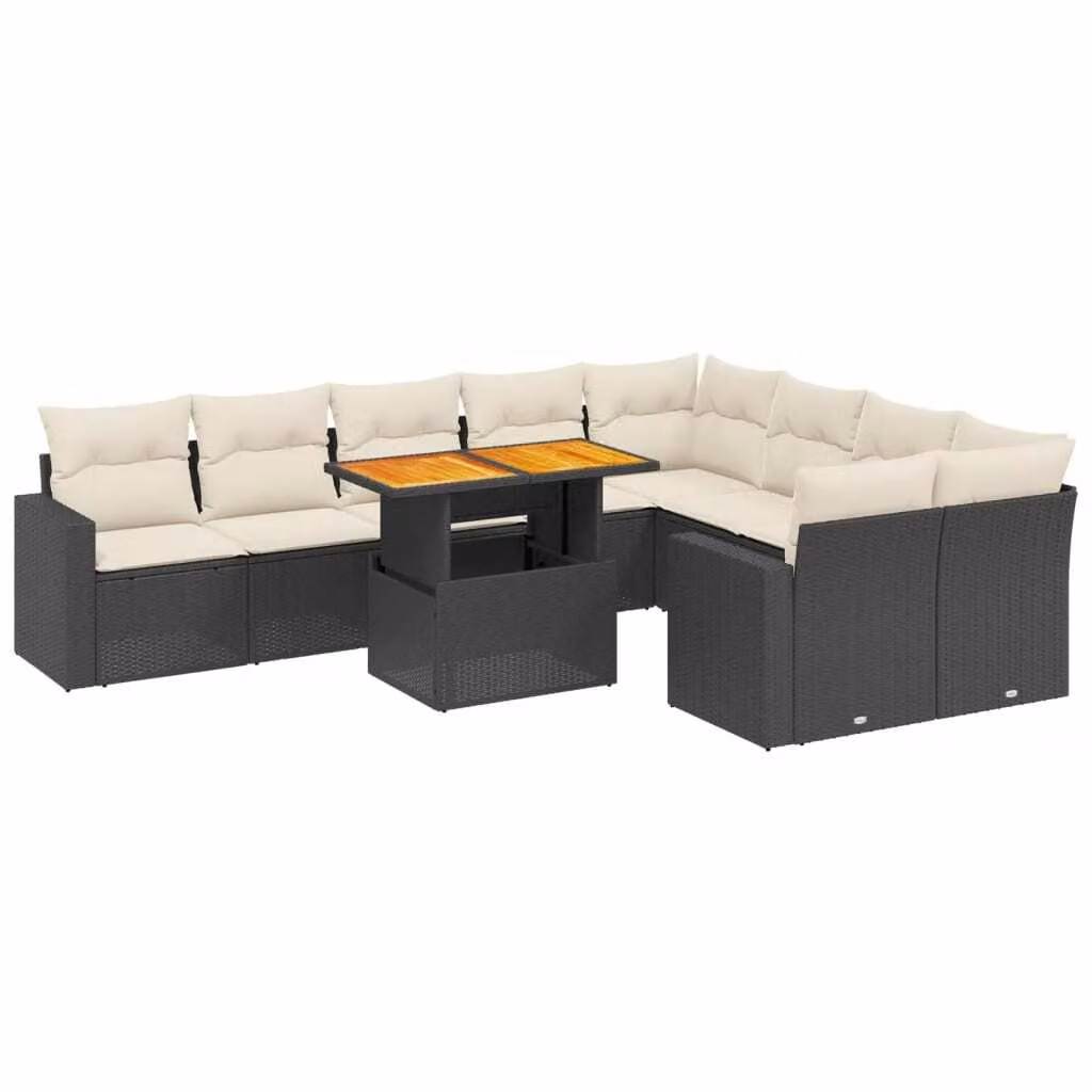 Set Divani da Giardino 10pz con Cuscini in Polyrattan Nero