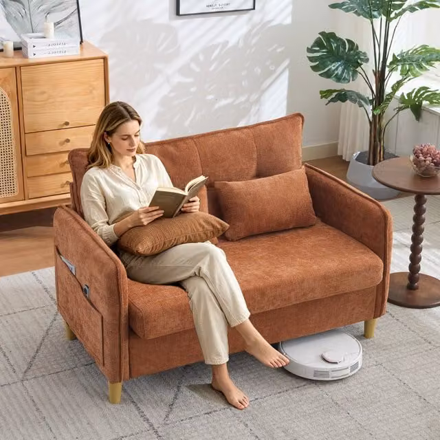 Divano 2 Posti con Braccioli e Tasche Laterali ¨C MINIMAL ¨C Chenille Marrone 127 cm