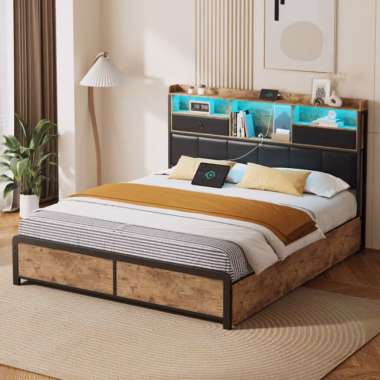 Letto matrimoniale imbottito ProximaX letto in metallo 160x200cm con rete a doghe, letto per ragazzi con Led e USB, letto contenitore con 4 cassetti, per adulti e ragazzi, funzione contenitore, metallo, marrone