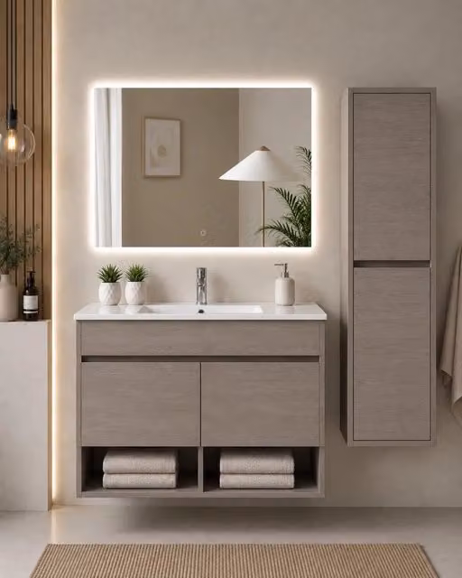 Mobile bagno sospeso con lavabo ORIGENBATH NEBARI con ante con colonna 90x45 cm rovere smoky con colonna