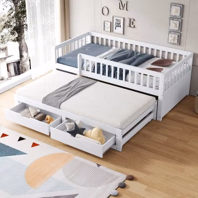Letto multifunzione 90x200 cm con letto estraibile; 2 cassetti e rete a doghe; bianco
