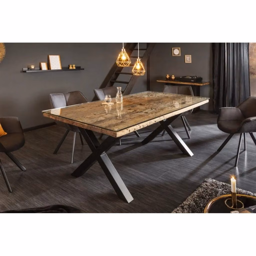 Tavolo da pranzo RAFTA Meublorama con piano in legno di teak e vetro temperato e gambe a X in metallo nero – 2
