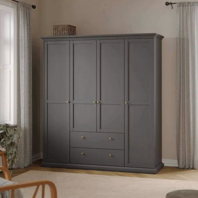 Armadio da camera da letto DMORA con ante a battente e cassetti, Grigio opaco, L: 181 cm, P: 60,5 cm, H: 200,6 cm