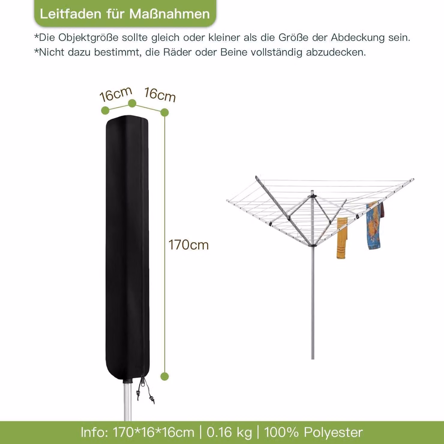 Copertura protettiva per stendibiancheria, realizzata in tessuto Oxford 420D, impermeabile e resistente ai raggi UV, colore nero, dimensioni 170x16x16 cm