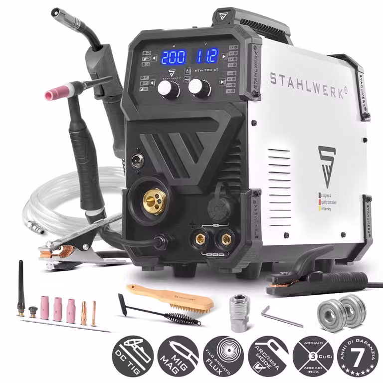 Saldatrice ad arco schermata a gas STAHLWERK 3-in-1 Combi MTM-200 ST - Inverter combinato per TIG, MIG/MAG, MMA/Mano fino a 200 A, azionamento a 4 rulli, adatto per filo animato