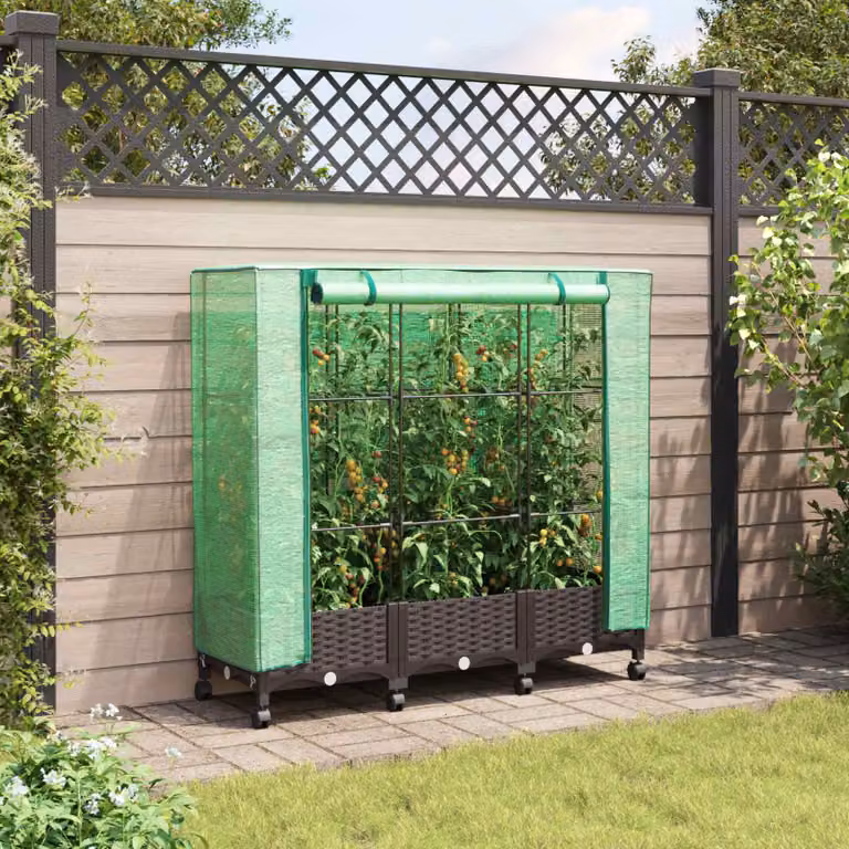 Set di 3 vasi da giardino con copertura per serra e ruote vidaXL, colore marrone e verde, in plastica