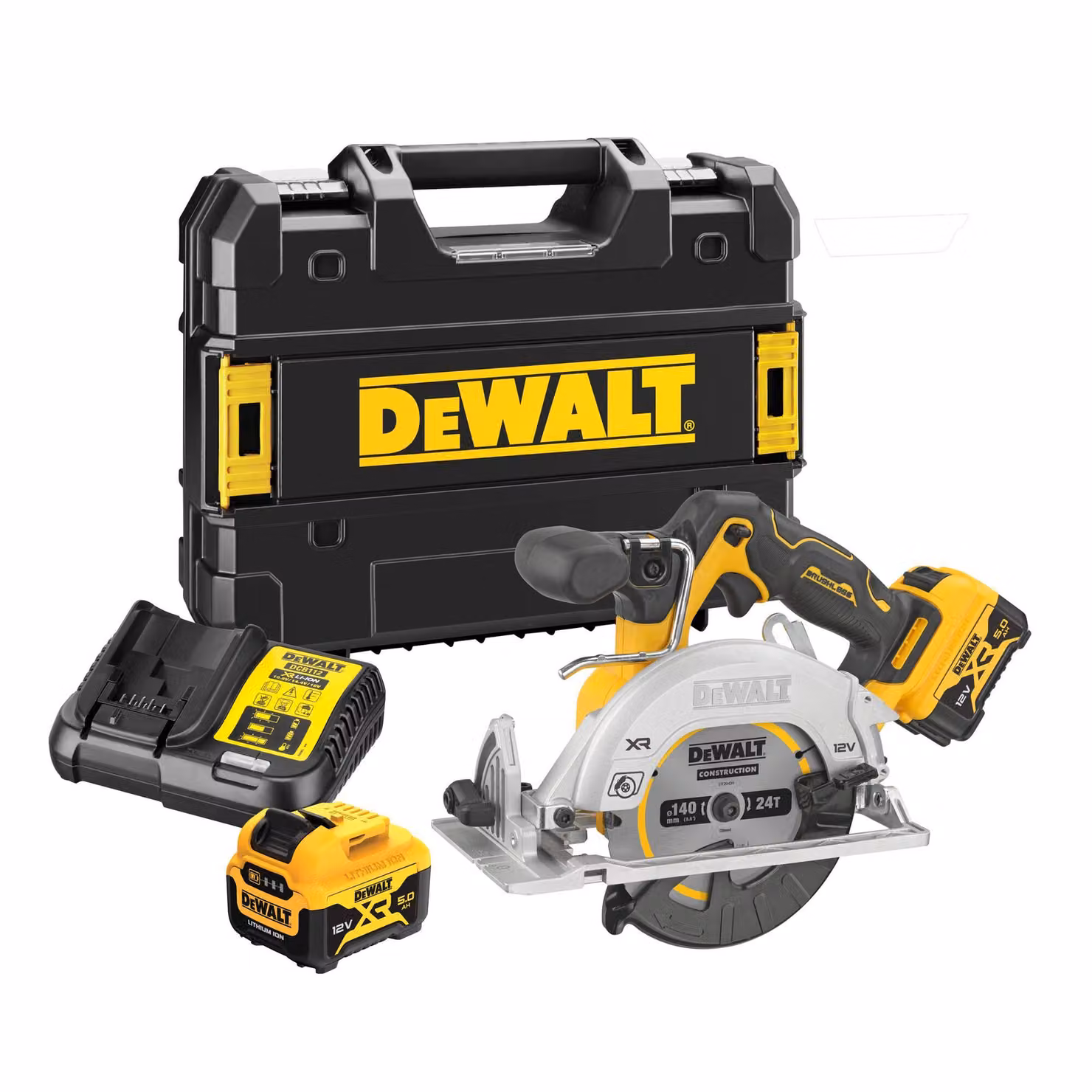 DeWALT DCS512P2-QW - Sega circolare a batteria, 12V, lama da 140mm, 2 batterie da 5,0Ah, caricabatterie