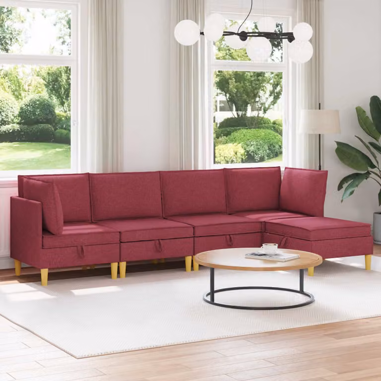 Set di divani modulari vidaXL a forma di L in tessuto rosso con spazio di archiviazione, 5 pezzi