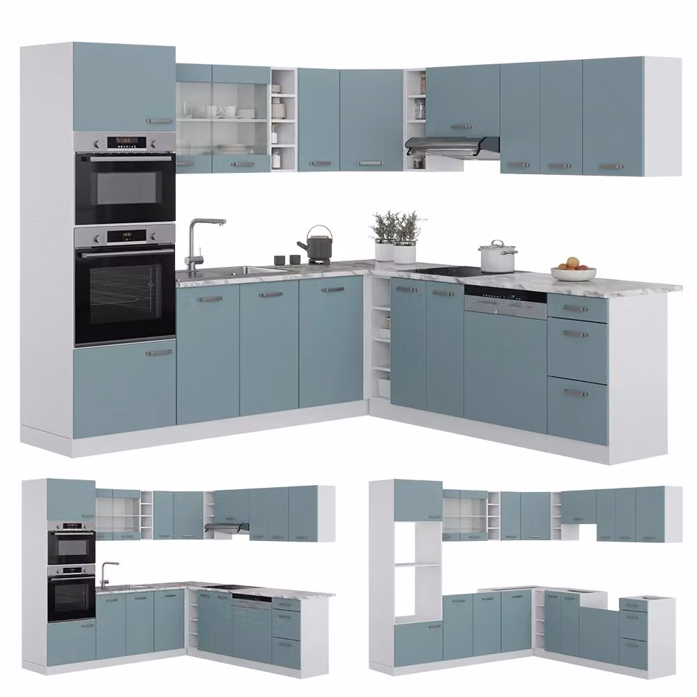 Cucina angolare moderna R-Line Vicco in legno e metallo, Grigio-blu/Bianco/Rovere, L: 247 cm, H: 206,8 cm, P: 60 cm – 2