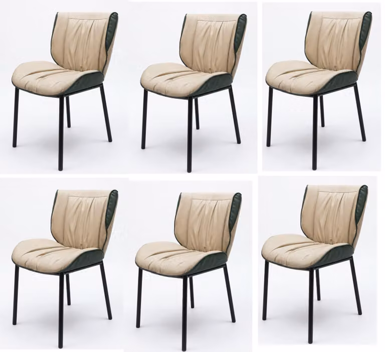 Set di 6 sedie da pranzo, colore beige, imbottite in ecopelle, con motivo a coste