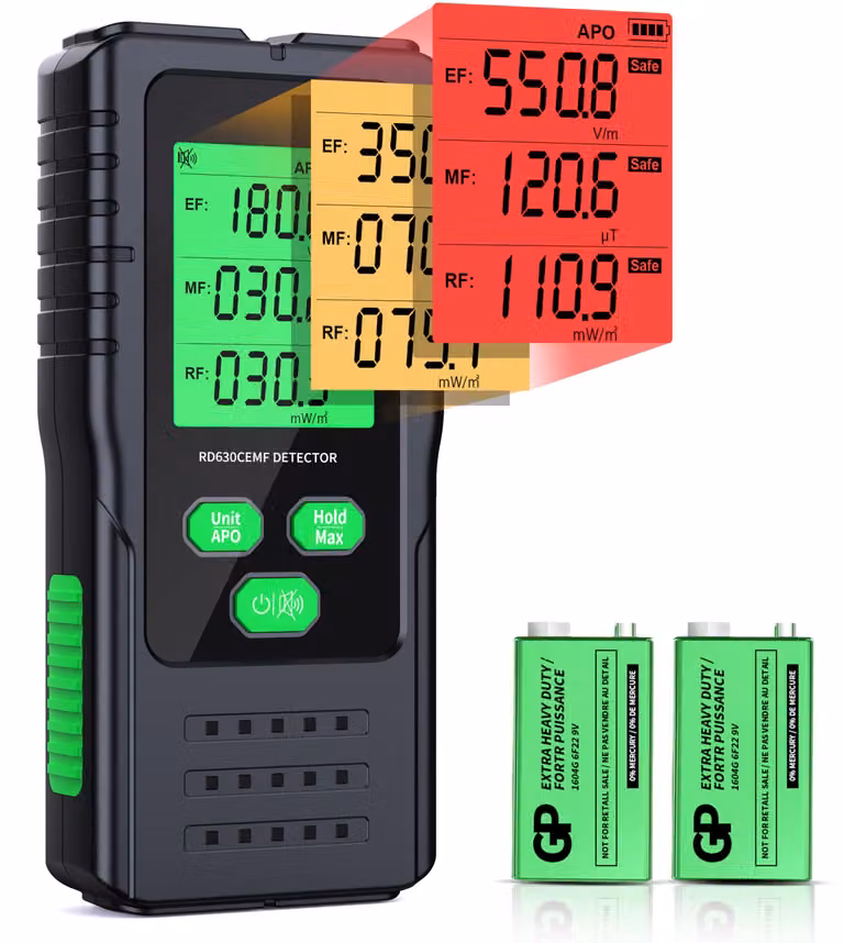 Misuratore multifunzione 3-in-1 per campi elettromagnetici, rilevatore di radiazioni EF, MF e RF, completo di batteria
