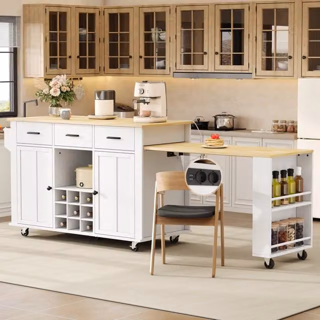 Isola da cucina mobile con piano estraibile, 3 cassetti, portabottiglie e presa, per cucina, in MDF, bianco