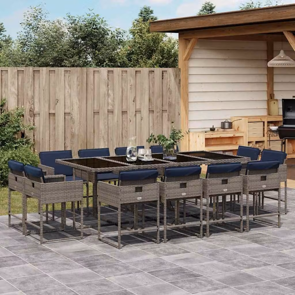 Set da pranzo da giardino vidaXL in polyrattan grigio con cuscini blu e tavolo in vetro da 13 pz
