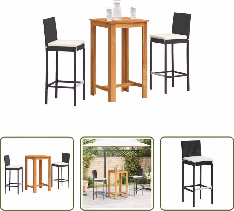The Living Store Set bar da giardino 3 pezzi in legno massiccio nero di acacia e poly rattan