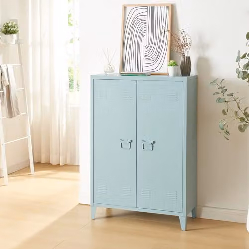[en.casa] Armadietto da Ufficio Mobile in Acciaio per Archivio Armadio a 2 Ante e Ripiani 110 x 75 x 33 cm Blu Grigiastro