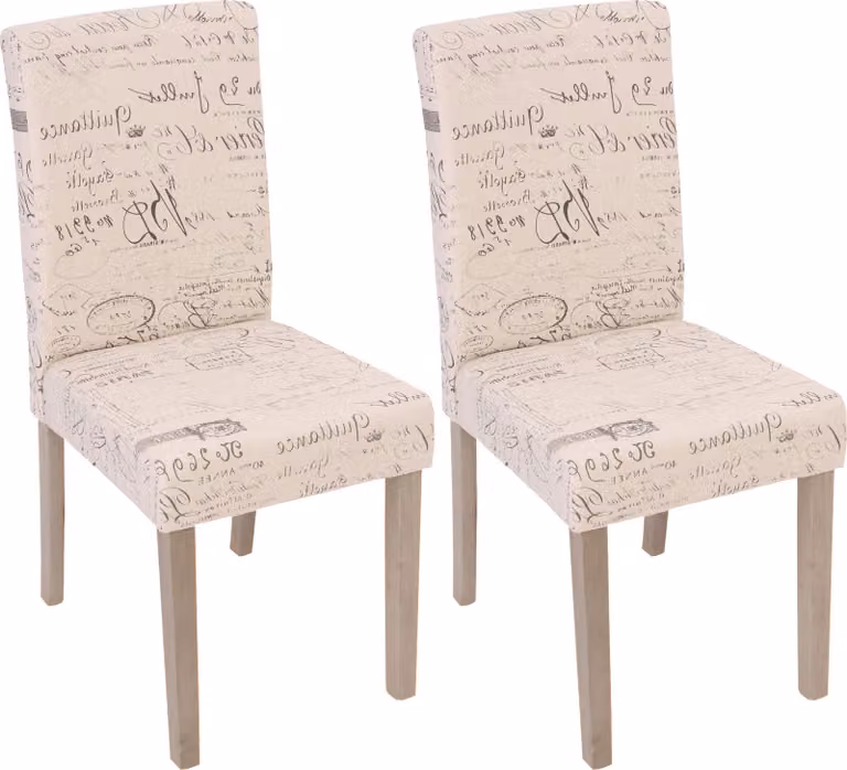 set di 2 sedie da sala da pranzo Littau, sedia da cucina ~ tessuto con scritte, crema, struttura delle gambe - rovere