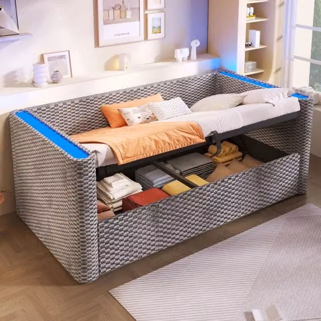 Letto singolo 90x200 cm divano letto con LED e cassetti; lino beige