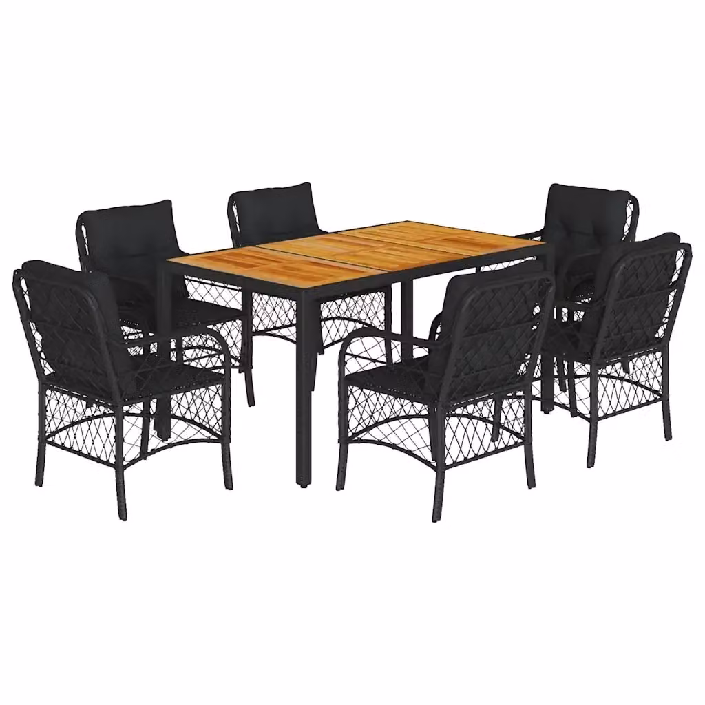Set da Pranzo da Giardino vidaXL 7 pz in Legno di Acacia e Polyrattan Nero con Cuscini – 2