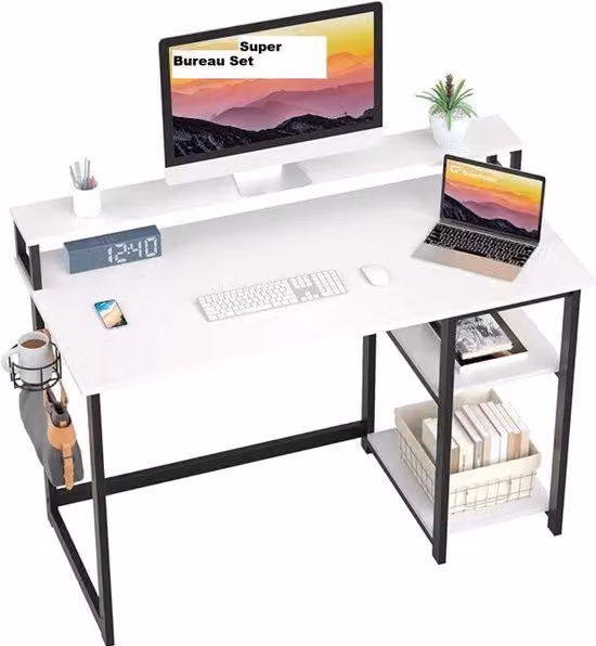 Scrivania Unyqoos® con supporto monitor regolabile in altezza – Scrivania per PC con tasca portaoggetti e supporto per cuffie, bianca, 100 x 50 x 74 cm