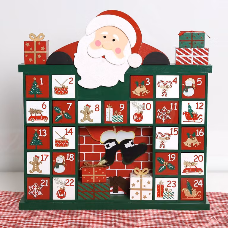 Calendario dell'Avvento natalizio in legno con cassetti - 24 giorni per contare i giorni che mancano a Natale - Decorazione natalizia con tema del Babbo Natale e del camino